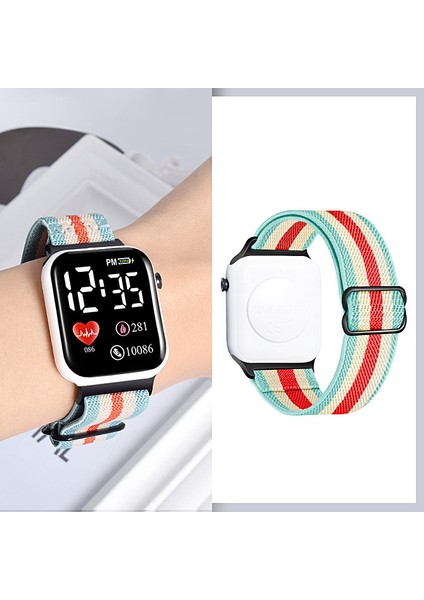 Stil 4 Dijital Saatler Yeni Renkli LED Küçük Kare Naylon Kayış Reloj Elastik Bant Spor Saat Çok Fonksiyonlu Su Geçirmez Elektronik Dijital Saat (Yurt Dışından)