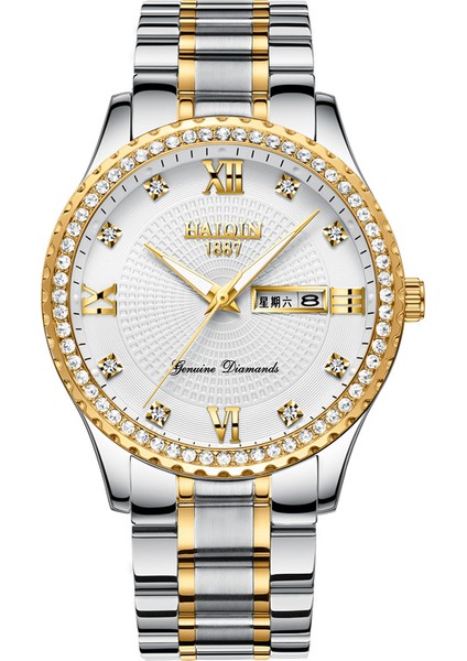 Beyaz Haiqin Orijinal Lüks Altın Pırlanta Kuvars Izle Erkekler Için Paslanmaz Çelik Izle Su Geçirmez Relojes Hombre Özel Logo Kol Saati (Yurt Dışından)