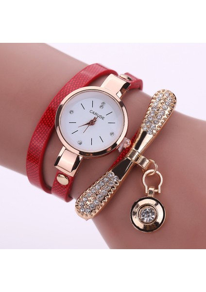 Kırmızı Lüks Deri Sevimli Charm Kuvars Izle Kadınlar Bayanlar Casual Kristal Moda Bilezik Kol Saati Relogio Feminino Kadın (Yurt Dışından)