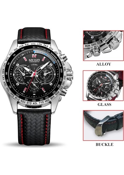 MGE5001 Megir 1010 Erkekler Sikke Kuvars Izle Üst Marka Chronograph Kol Saati Spor Aydınlık Deri Su Geçirmez Saat 3ATM Silikon Saatler (Yurt Dışından)