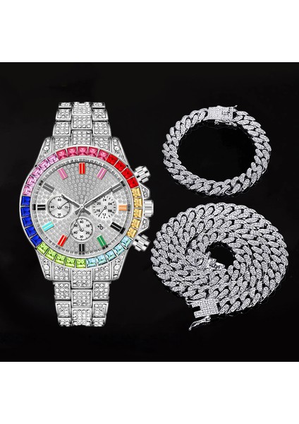 2 Kutu ile Lüks YUSA465 Sıcak Satış 3 Adet/takım Yeni Erkek Kuvars Saatler Küba Tarzı Bilezik Kolye Elmas Takı Seti Erkek Hediye Izle (Yurt Dışından)