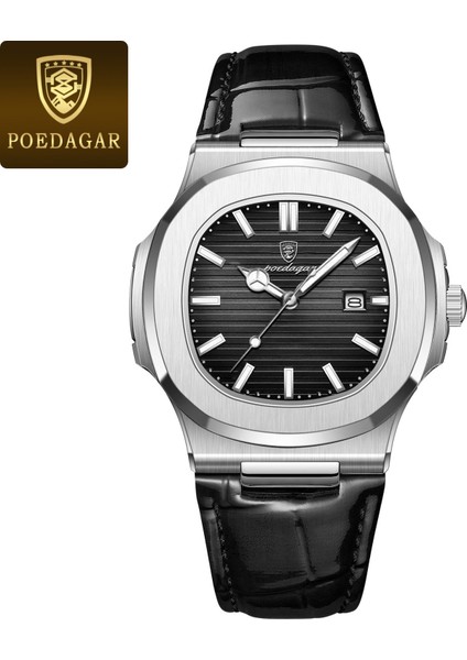 Deri - Siyah Moda Relojes Hombre Poedagar Lüks Erkek Saatler Iş Kol Saatleri Erkekler Için Çelik Kuvars Izle Su Geçirmez Tarih Kare Erkek Izle Rel (Yurt Dışından)