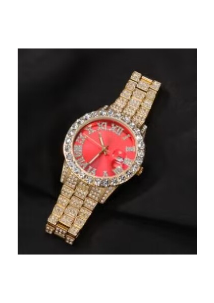 Altın Kırmızı Buzlu Out Rhinestones Pembe Mor Günlük Su Geçirmez Yuvarlak Kadran Roma Numarası Açık Mavi Yüz Kuvars Izle (Yurt Dışından)