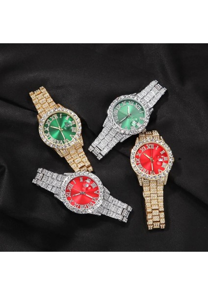 Altın Kırmızı Buzlu Out Rhinestones Pembe Mor Günlük Su Geçirmez Yuvarlak Kadran Roma Numarası Açık Mavi Yüz Kuvars Izle (Yurt Dışından) indirimleri