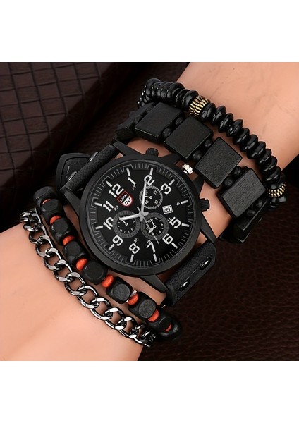 Stil 1 Lüks 5 Adet/takım Erkekler Moda Yuvarlak Işaretçi Kuvars Izle 4 Adet Bilezik Seti Montre Homme AW01 (Yurt Dışından)