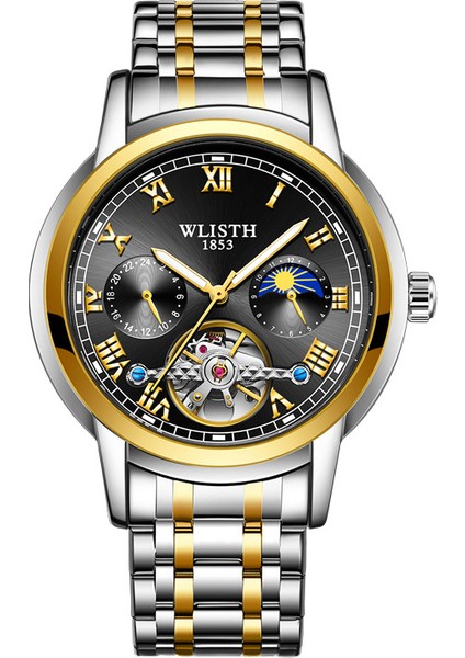 Gümüş + Altın Kayış Siyah Kadran Mekanik Saatler Kvc 42MM Sunmoon ve Yıldızlar Tasarım Kol Saati Özel Logo Oymak Su Geçirmez Izle Gerçek Küçük Üç Iğne Mekanik Saatler (Yurt Dışından)