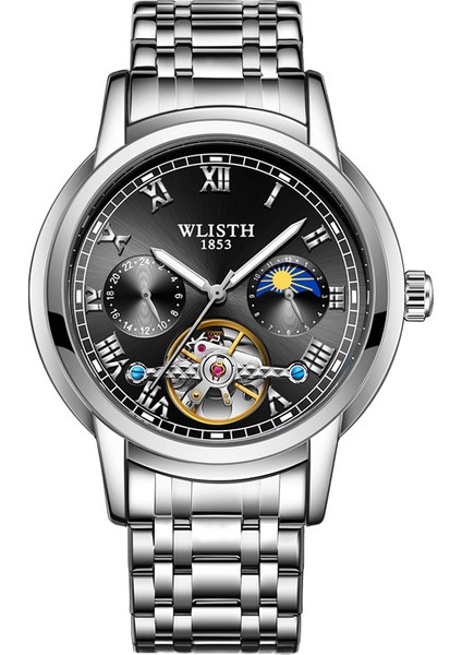 Gümüş + Altın Kayış Siyah Kadran Mekanik Saatler Kvc 42MM Sunmoon ve Yıldızlar Tasarım Kol Saati Özel Logo Oymak Su Geçirmez Izle Gerçek Küçük Üç Iğne Mekanik Saatler (Yurt Dışından) modelleri