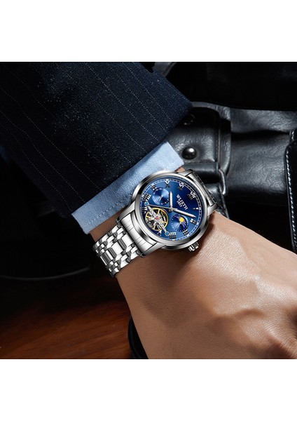 Gümüş + Altın Kayış Siyah Kadran Mekanik Saatler Kvc 42MM Sunmoon ve Yıldızlar Tasarım Kol Saati Özel Logo Oymak Su Geçirmez Izle Gerçek Küçük Üç Iğne Mekanik Saatler (Yurt Dışından) fırsatları