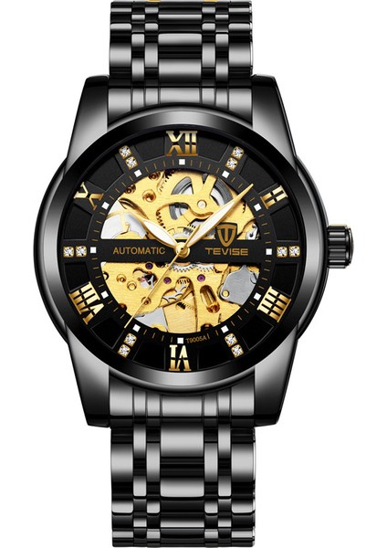 Siyah Otomatik Üst Marka Tevise Erkek Kendini Rüzgar Kol Saati Adam Mekanik Saatler Otomatik Izle Moda Erkek Saat Relogio Masculino T9005A (Yurt Dışından)