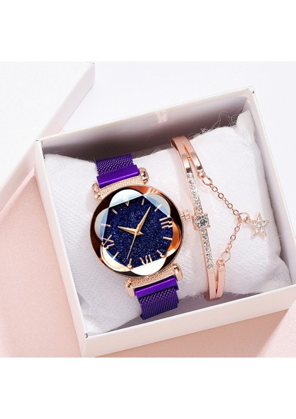 Mor Izle + Bilezik + Kutu Lüks Kadın Moda Yıldızlı Gökyüzü Saatler Mıknatıs Toka Örgü Kemer Elmas Kuvars Izle Kadın Elbise Saat (Yurt Dışından)