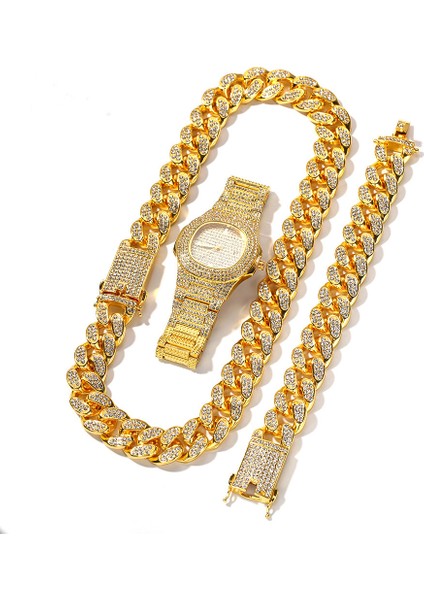 Gül Altın Kuvars Izle Bling Buzlu Out Büyük Ağır Küba Miami Link Zinciri Kolye Bilezik Izle Erkekler Için 3 Adet Set Hip Hop Takı (Yurt Dışından)