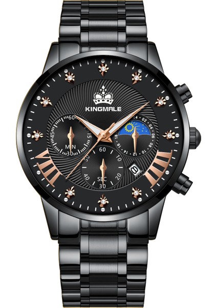 Siyah + Gül Altın Eller Kuvars Izle Kingmale 1901 Özel Logo Su Geçirmez Saat Kronograf Moda Aydınlık Çok Fonksiyonlu Erkek Kuvars Izle Kutusu Paslanmaz Çelik (Yurt Dışından)