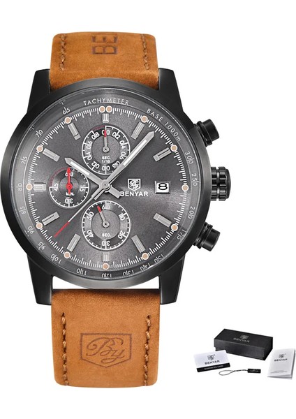 Stil 4 Benyar 5102 High End Kaliteli Trend Tasarım Hazır Stok Su Geçirmez Şık Çok Fonksiyonlu Erkek Kuvars Saatler Hakiki Deri Bant (Yurt Dışından)