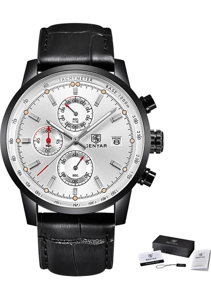 Stil 4 Benyar 5102 High End Kaliteli Trend Tasarım Hazır Stok Su Geçirmez Şık Çok Fonksiyonlu Erkek Kuvars Saatler Hakiki Deri Bant (Yurt Dışından)