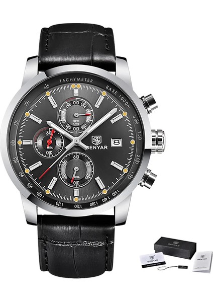 Stil 4 Benyar 5102 High End Kaliteli Trend Tasarım Hazır Stok Su Geçirmez Şık Çok Fonksiyonlu Erkek Kuvars Saatler Hakiki Deri Bant (Yurt Dışından)