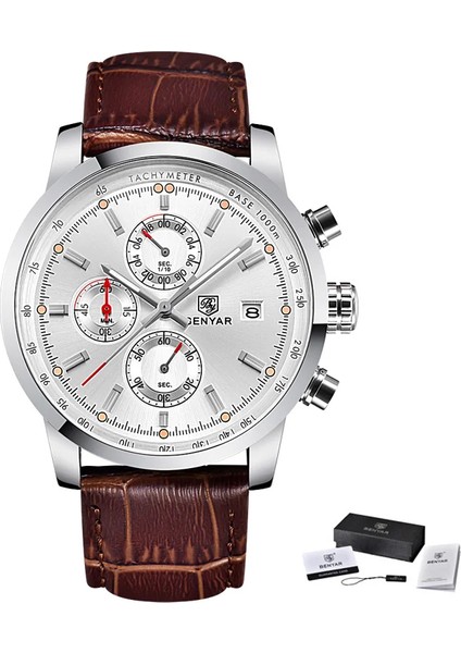 Stil 4 Benyar 5102 High End Kaliteli Trend Tasarım Hazır Stok Su Geçirmez Şık Çok Fonksiyonlu Erkek Kuvars Saatler Hakiki Deri Bant (Yurt Dışından)