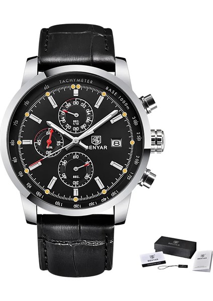 Stil 4 Benyar 5102 High End Kaliteli Trend Tasarım Hazır Stok Su Geçirmez Şık Çok Fonksiyonlu Erkek Kuvars Saatler Hakiki Deri Bant (Yurt Dışından)
