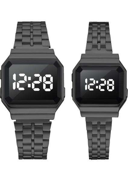 Siyah Büyük + Küçük Erkek ve Kadın Aynı Stil LED Elektronik Dokunmatik Ekran Kuvars Izle Moda Kişilik Bayanlar Izle Çelik Kemer Çift Izle (Yurt Dışından)