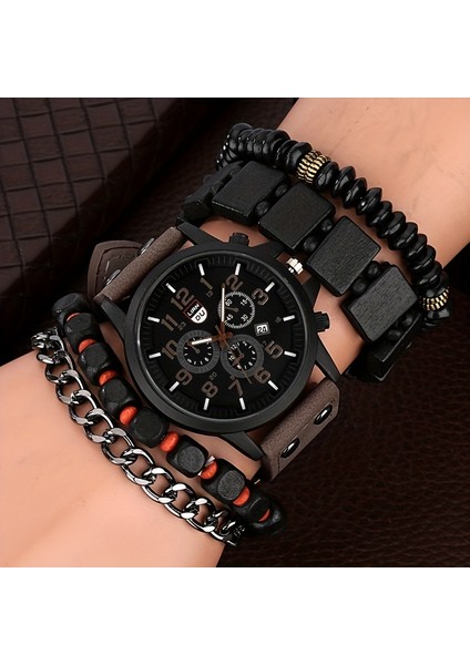 Kahverengi (Kutu Yok) 6248 5 Adet/takım Erkekler Moda Yuvarlak Işaretçi Kuvars Izle 4 Adet Bilezik Seti Montre Homme (Yurt Dışından)