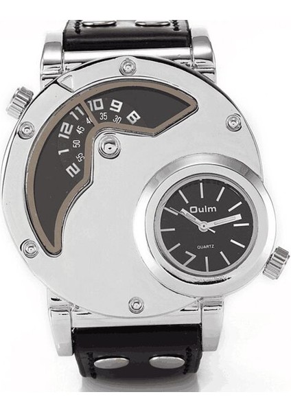 OU021901 Erkek Saat Yepyeni Oulm 9591 Erkek 5 cm Büyük Yüz Moda Saatler Nouveau Montre Homme De Marque Çift Zamanlı Deri Bant Rahat Kuvars Izle (Yurt Dışından)