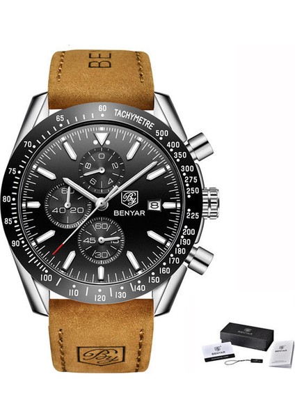 Gümüş Siyah L Spor Üst Moda Benyar 5140 Spor Kronograf Erkek Saatler Yeni Iş Kuvars Izle 3 Bar Su Geçirmez Kronograf Kol Saati Hediyeler (Yurt Dışından)