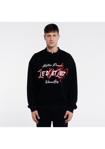 Stephan Erkek Siyah Ekstra Oversize Polo Yaka Sweatshirt - Şardonlu 3 Iplik