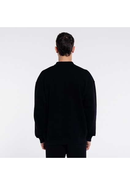 Stephan Erkek Siyah Ekstra Oversize Polo Yaka Sweatshirt - Şardonlu 3 Iplik