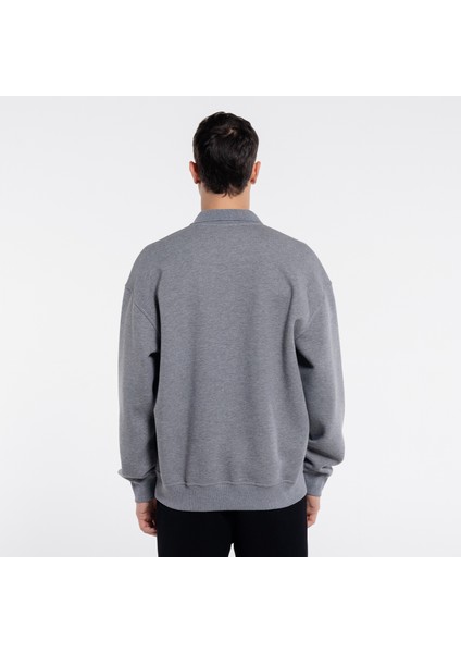 Friday Offset Stephan Erkek Gri Melanj Ekstra Oversize Polo Yaka Sweatshirt - Şardonlu 3 Iplik