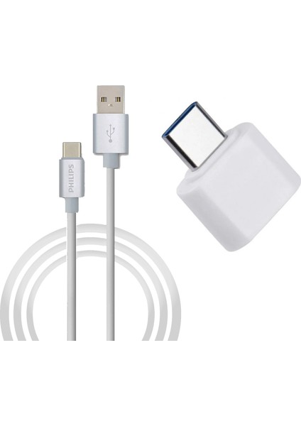 3A 60W Usba To Type-C 1.2m Hızlı Şarj ve Data Kablosu Beyaz + Schitec Type-C To Usba 3.0 Dönüştürücü Adaptör