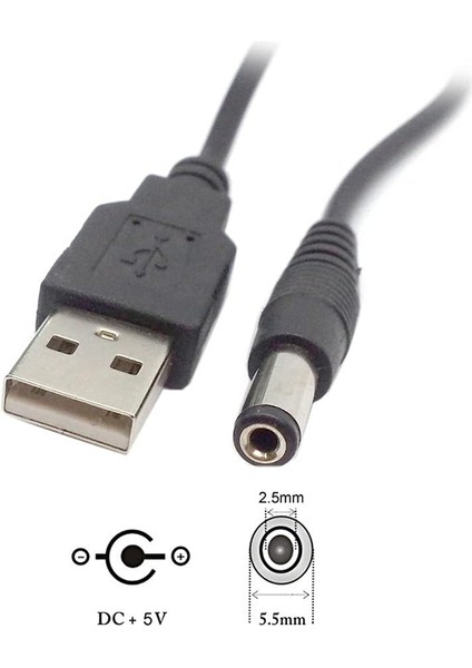 USB Dc 5.5x2.5mm Güç Kablosu 5V Dc Güç Kablosu, USB 2.0 Erkek - Dc 5.5mm x 2.5mm Erkek Güç Kablosu