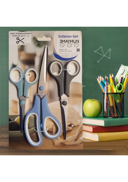 3’lü Makas Seti – Alman Malı – Ergonomik Sap – Ofis, Kargo, Evrak, Hobi – 14/16/21 cm