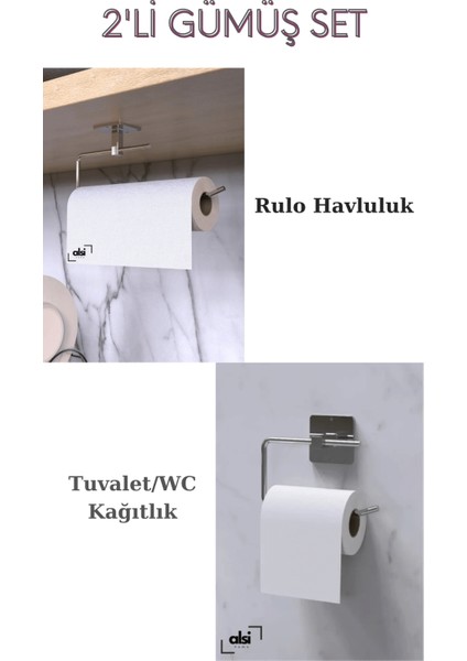 Alsi Home Yapışkanlı Gümüş Rulo Havluluk Wc Tuvalet Kağıtlık Banyo Mutfak 2'li Set