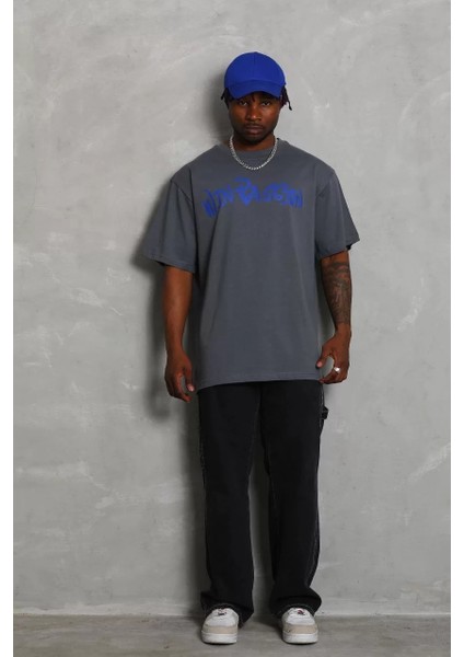 Erkek Baskılı Bisiklet Yaka T-Shirt 20/1 Penye - Füme