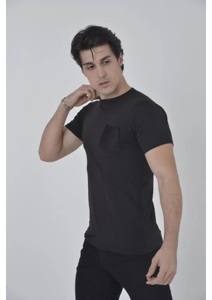 Erkek File Cepli Slim Fit T-Shirt - Siyah modelleri