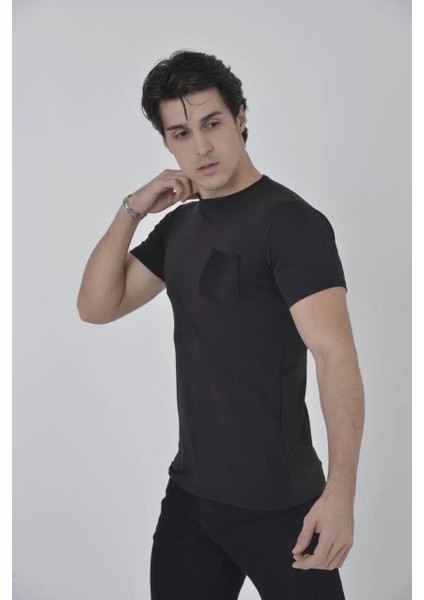 Erkek File Cepli Slim Fit T-Shirt - Siyah