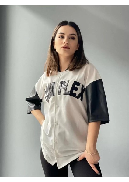 Kadın Complex Kolları Deri Kolej Oversize T-Shirt - Beyaz