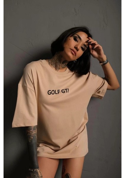 Özel Marka Kadın Sırt Baskılı Oversize T-Shirt - Bej