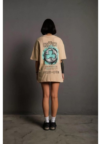 Özel Marka Kadın Sırt Baskılı T-Shirt - Bej