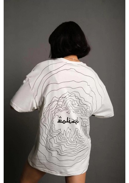 Kadın Bisiklet Yakalı Sırt Baskılı Oversize T-Shirt - Beyaz
