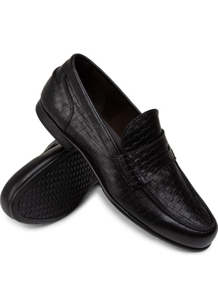 Deri Siyah Hasır Desen Erkek Loafer - 01978MSYHC08