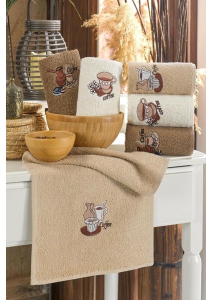 Kahve Desenli Doğal Pamuklu 6'lı Nakışlı Mutfak El Havlusu Kurulama Havlusu 30 x 50 cm