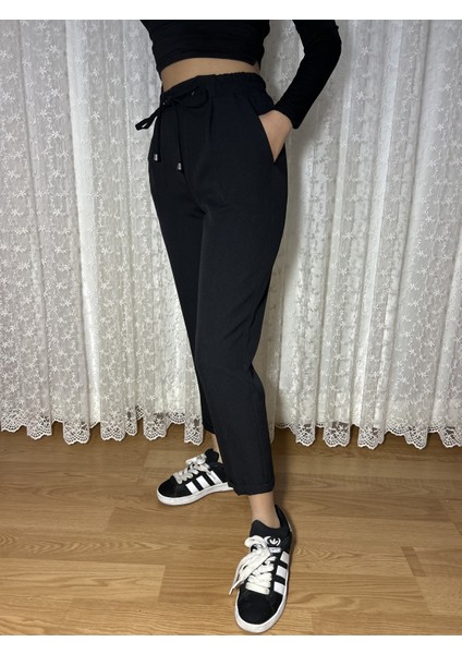 Kadın Beli Lastikli Havuç Kesim Kumaş Pantolon modelleri