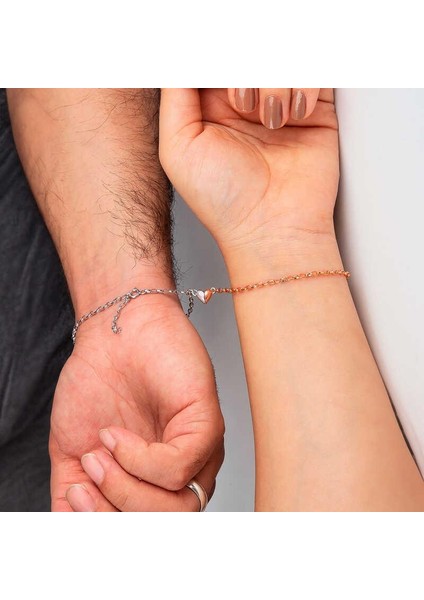 925 Ayar Gümüş Rodyum Rose Mıknatıslı Çift Kalp Aşk Bileklik
