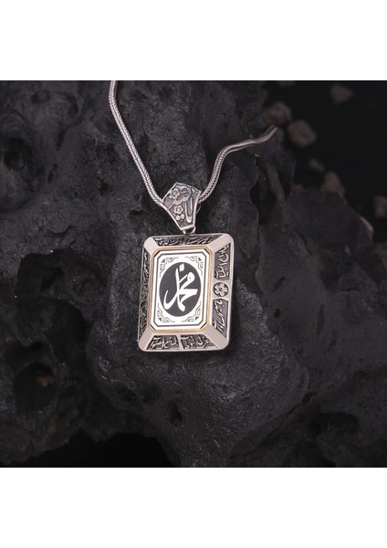 925 Ayar Gümüş Muhammed Yazılı Karartmalı Erkek Cevşen Kolye