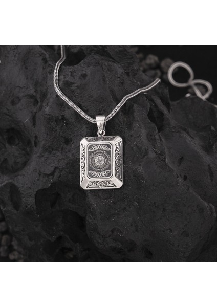 925 Ayar Gümüş Ayetel Kürsi Yazılı Karartmalı Erkek Cevşen Kolye