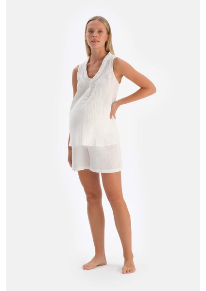 Beyaz Müslin Hamile Kısa Pijama Altı