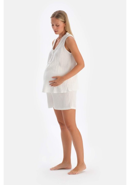 Beyaz Müslin Hamile Kısa Pijama Altı