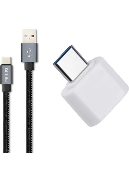 3A 60W Usba To Type-C Deri Kaplama Hızlı Şarj ve Data Kablosu Siyah + Schitec Type-C To Usba 3.0 Dönüştürücü Adaptör