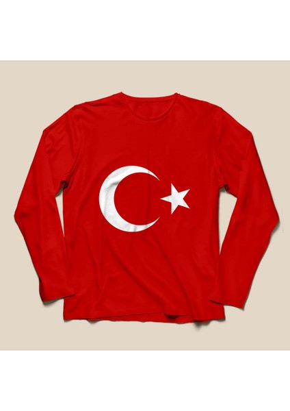 Ay Yıldız Baskılı Tişört - Kırmızı - Uzun Kollu - TS155