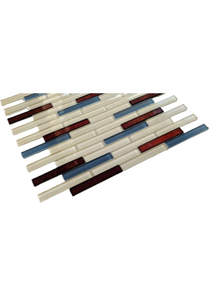 Mutfak Tezgah Araı Kristal Cam Mozaik. Cam Ölçüsü: 15X98 Mm. File Ölçüsü: 30X30 Cm. ( 1 Kutu = 11 File Karo = 1 M2 Fiyatıdır. )